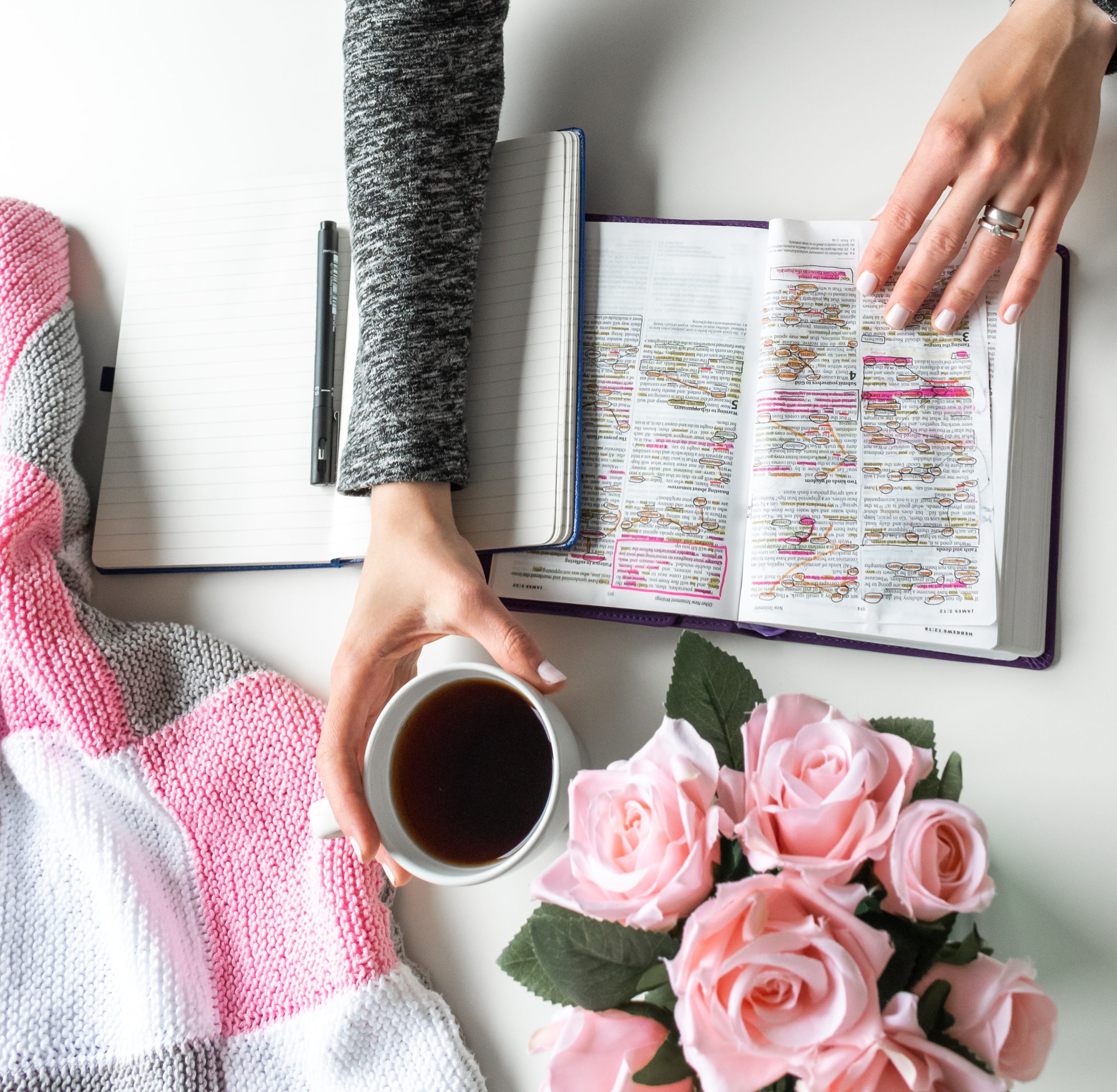 Pink, white, grey Bible flat lay with black tea, pink roses, col